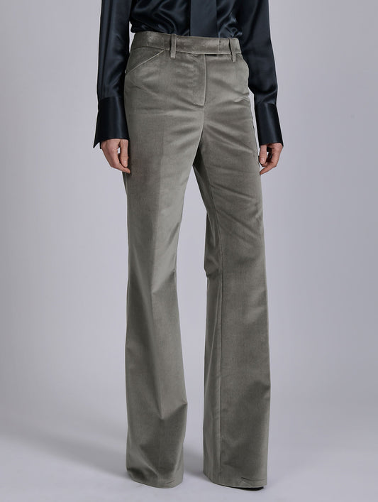 Grey velvet flare trousers