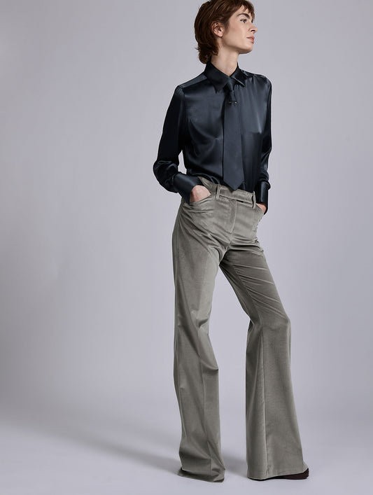Grey velvet flare trousers
