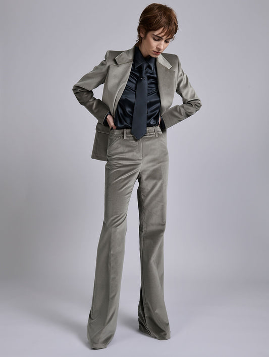 Grey velvet flare trousers