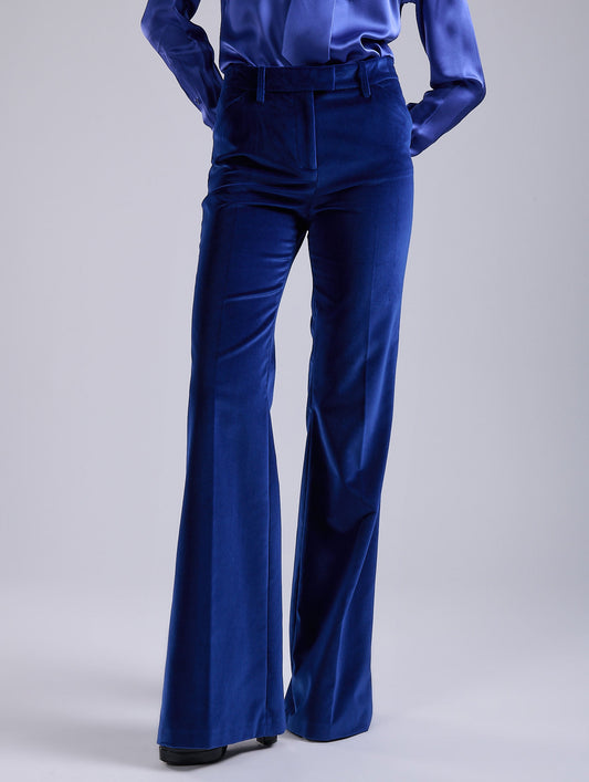 Blue velvet flare trousers