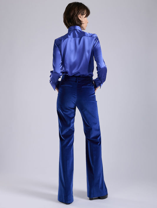 Blue velvet flare trousers