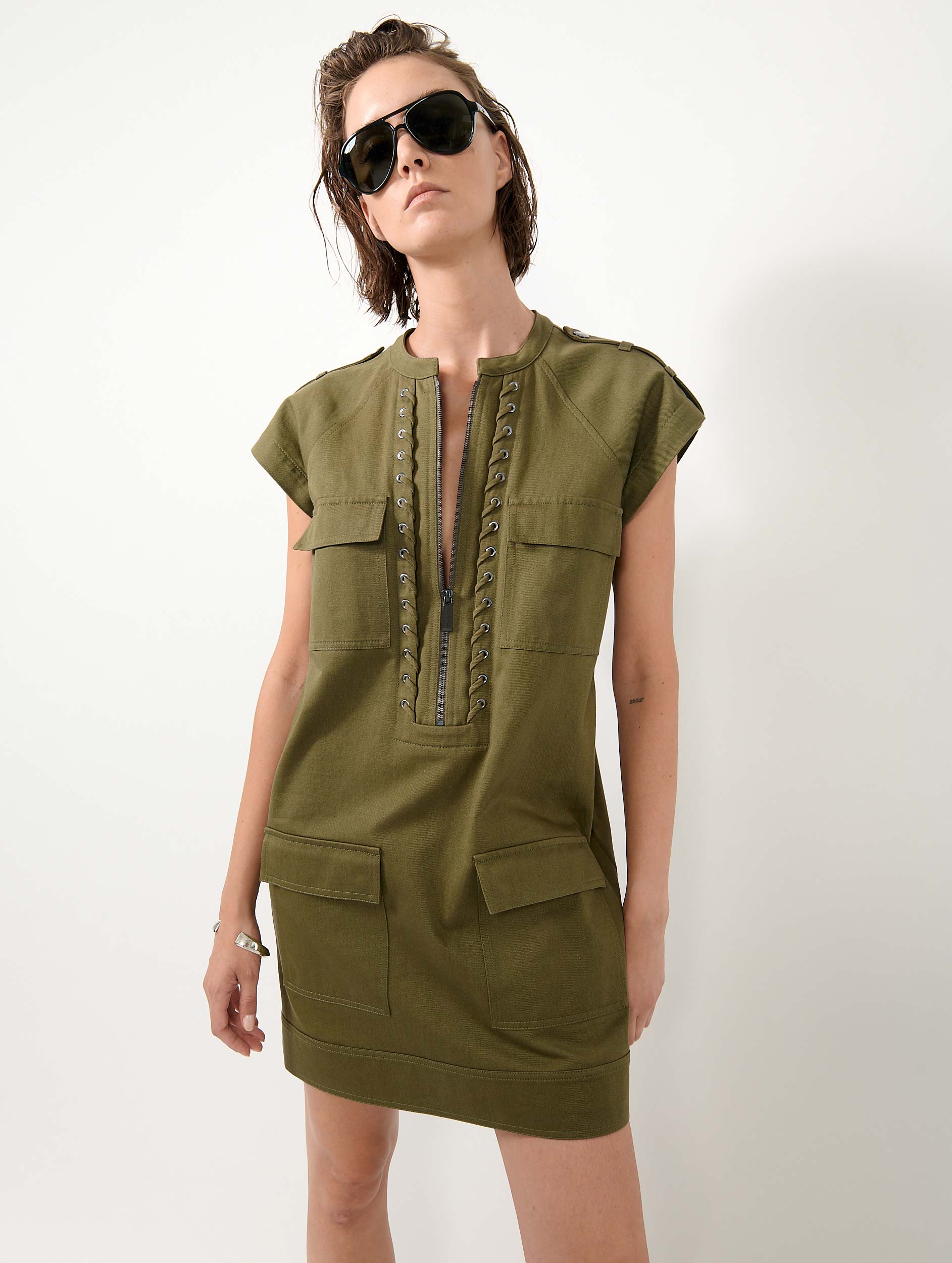 khaki cotton dress Khaki cotton gabardine short sleeve dress
