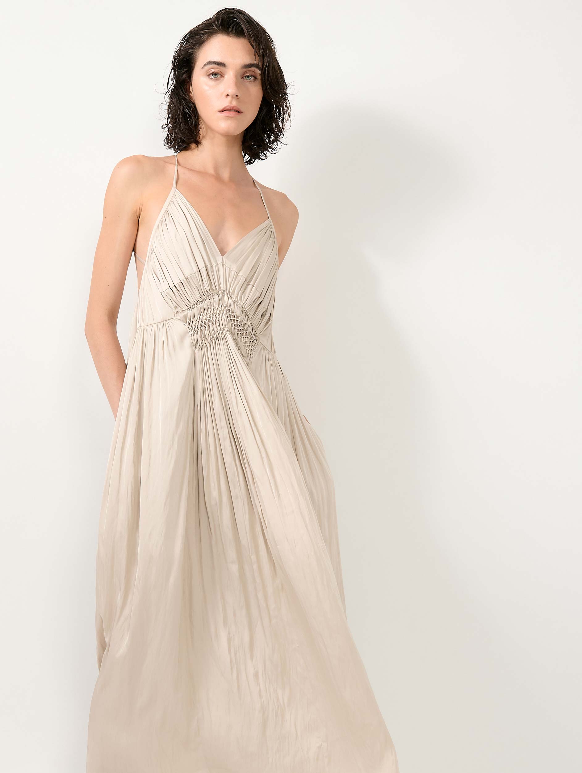 champagne backless dress Women Ready-to-Wear | Angel Skin long Primavera Couture Long Beaded Basque waist Size:US26W Sequin Dress