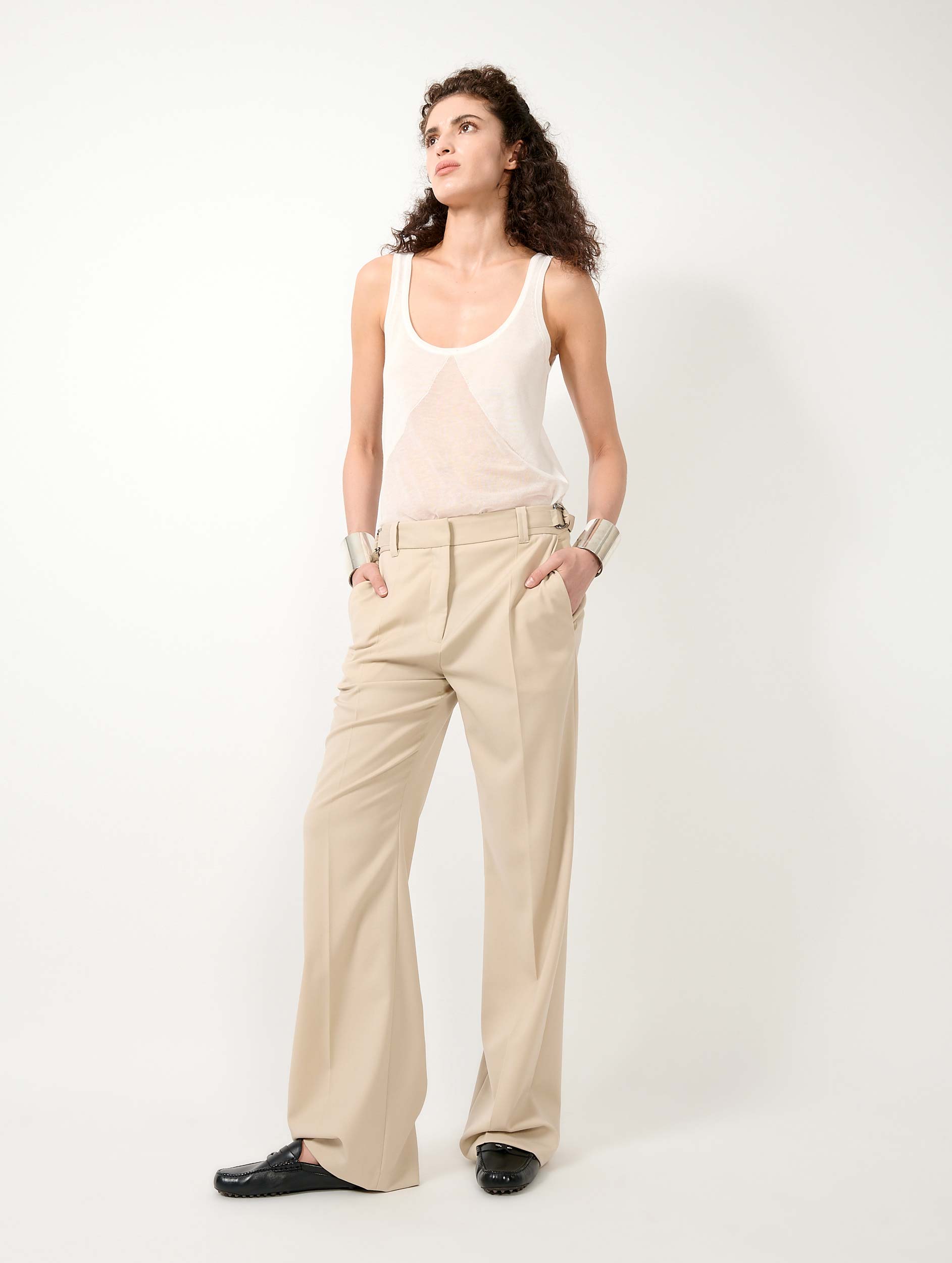Women Ready-to-Wear | Sand wool gabardine wide leg trousers