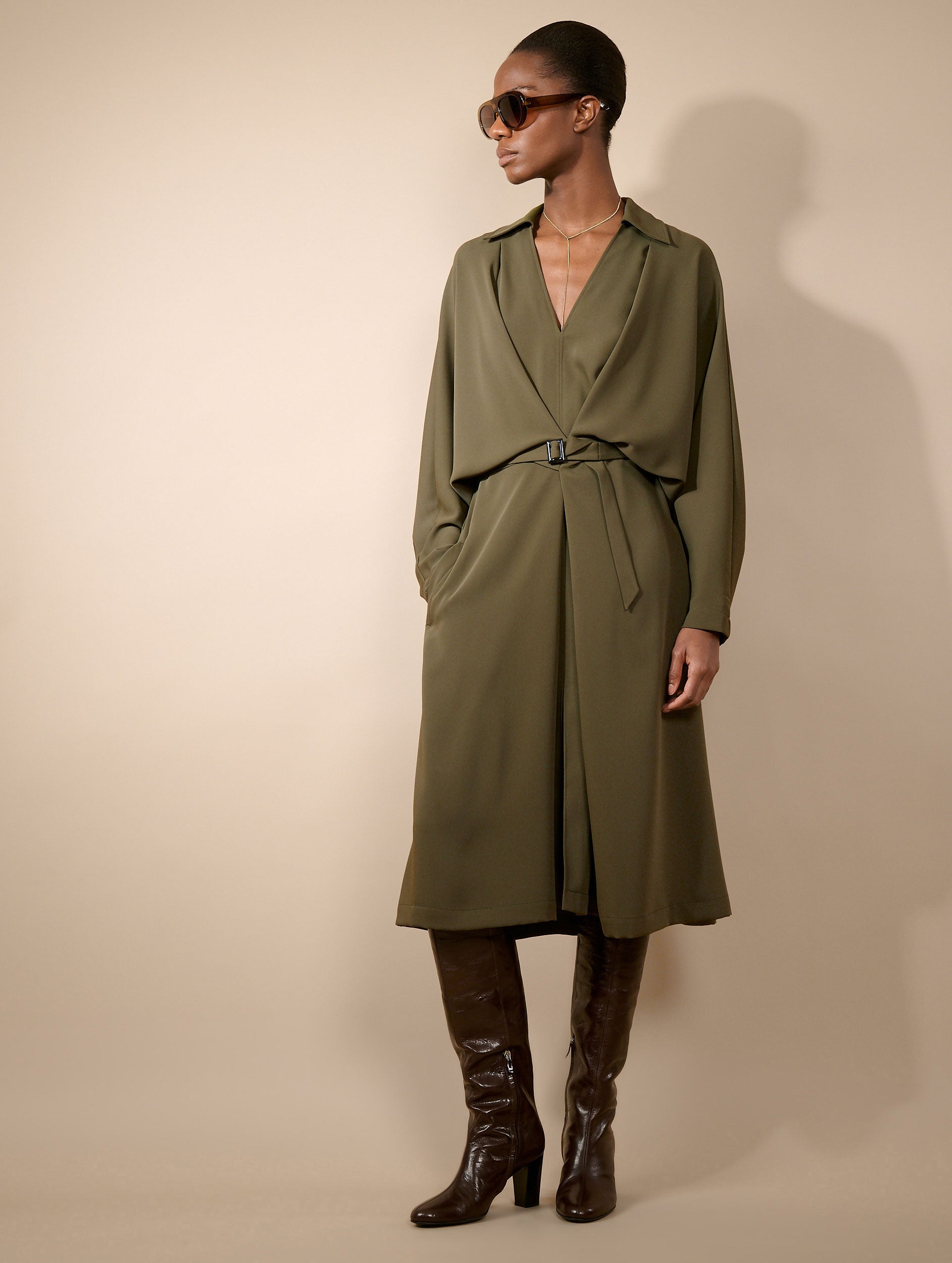Women ready-to-wear | Moss green fluid crepe belted dress