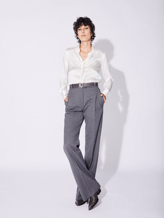 Grey gabardine wide-leg suit trousers
