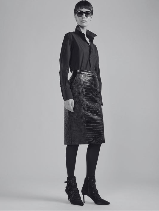 Black croco-embossed vegan leather pencil skirt