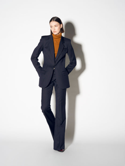 Navy striped stretch wool suit jacket