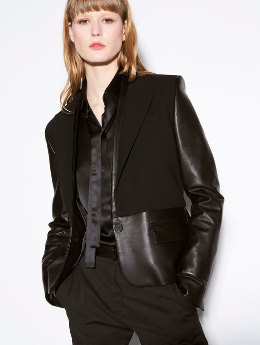 Black leather and crepe bimaterial suit jacket