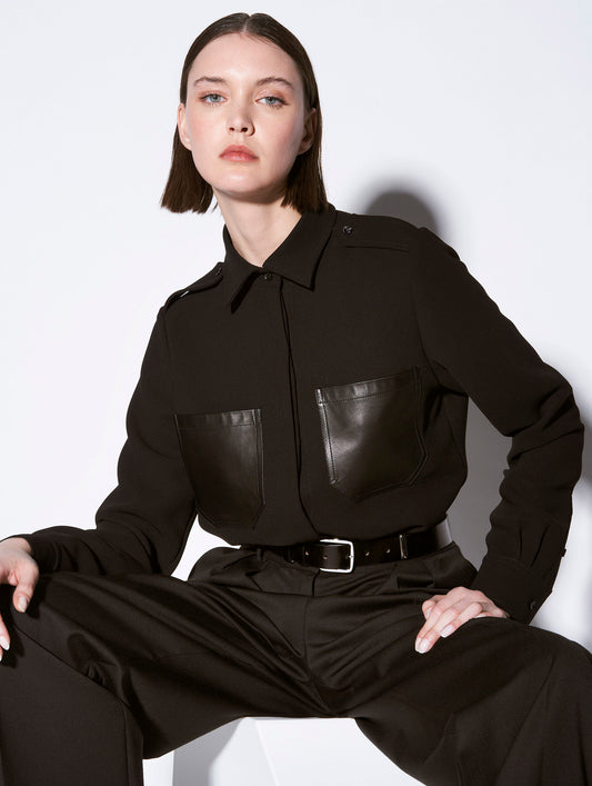 Dual fabric black crepe  shirt with leather pockets