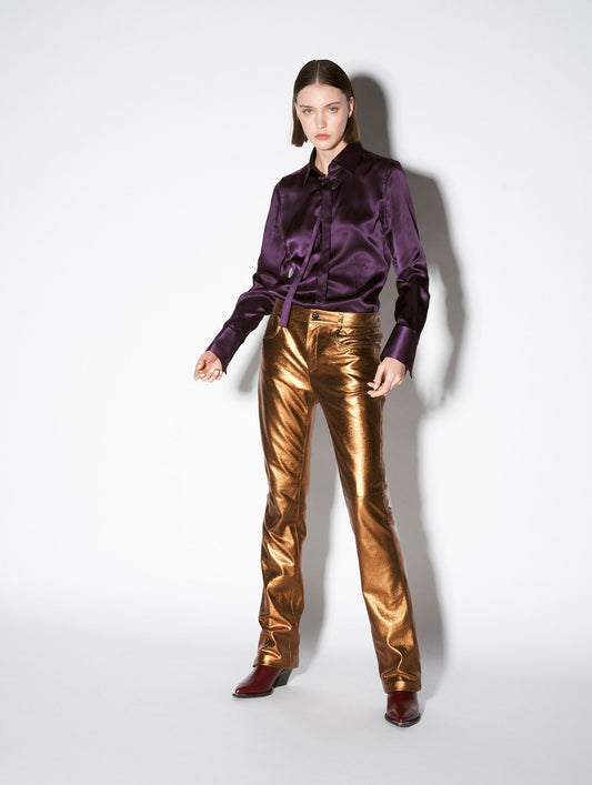 Bronze metallic leather straight fit trousers