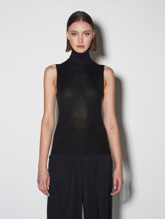 Black knitted sleeveless roll neck sweater