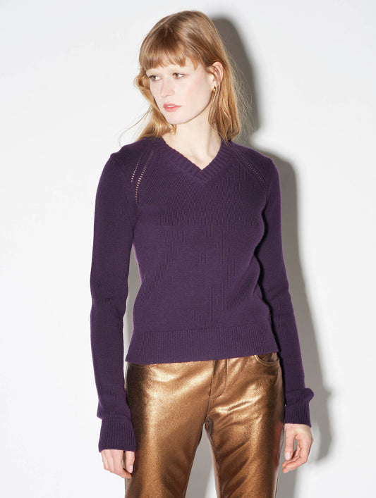Plum wool and cashmere V-neck sweater