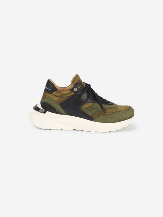 black leather and olive satin sneakers