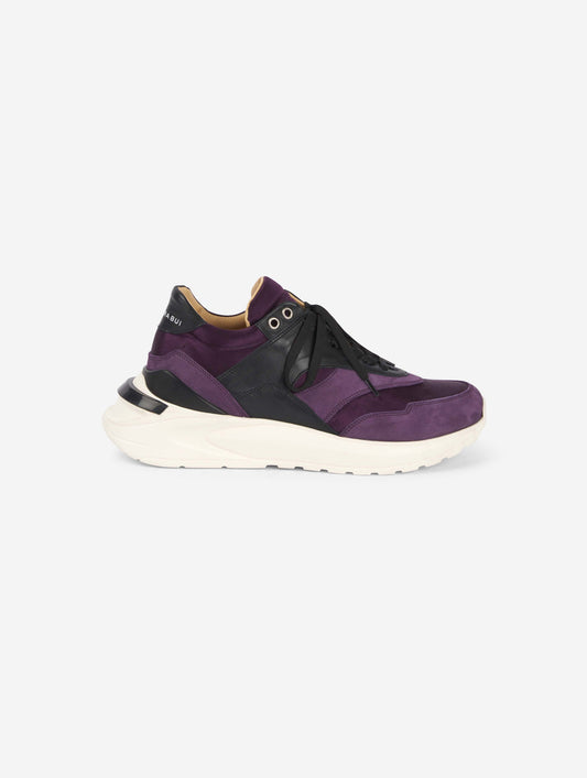 black leather and plum satin sneakers