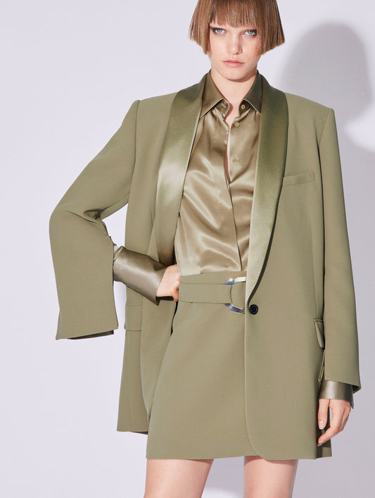 Linden green crepe straight fit suit jacket with satin collar