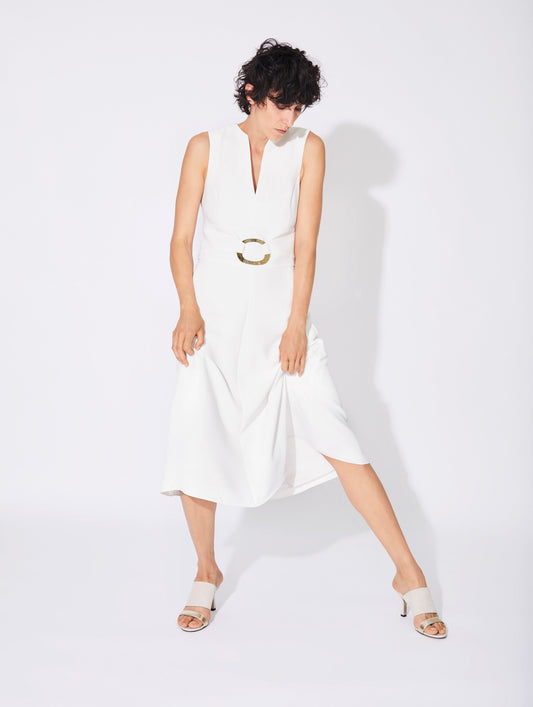 White crepe A-line dress with buckle