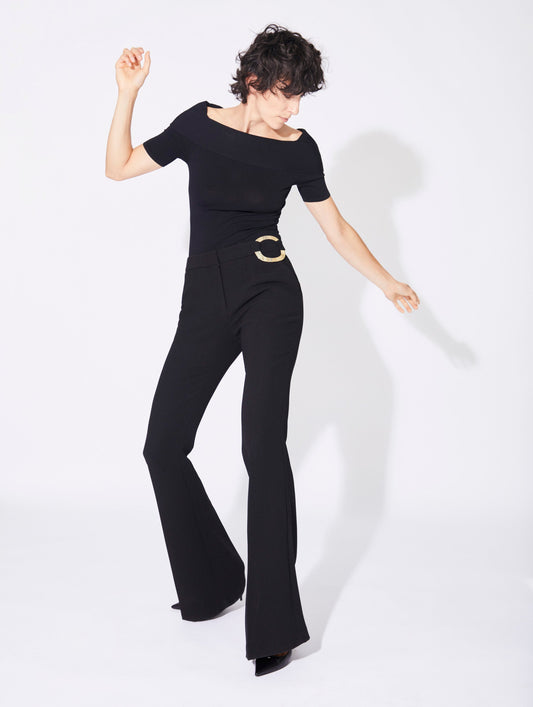 Black crepe flared trousers with buckle detail