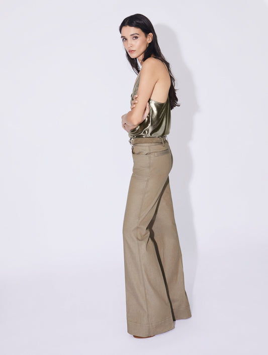Linden green washed denim flared trousers
