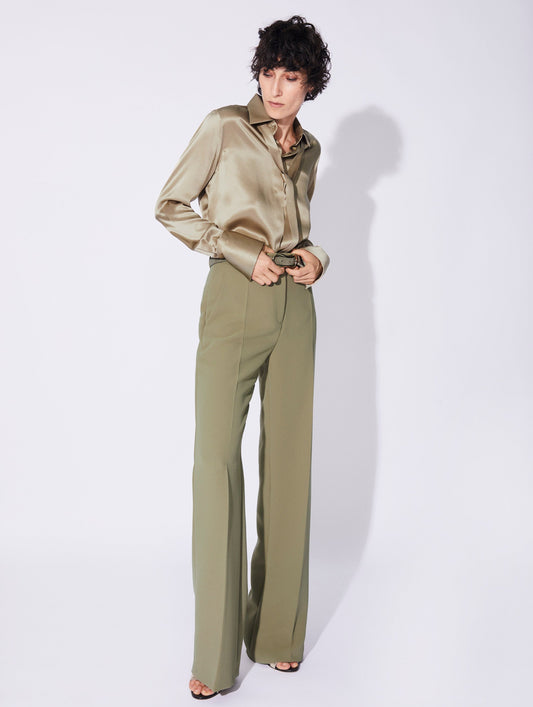Linden green crepe high waisted flared trousers