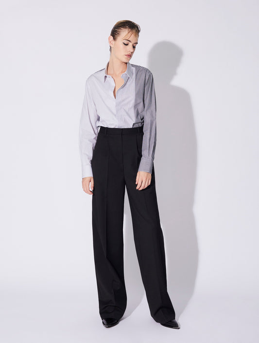 Black stretch wool high waisted pleated trousers