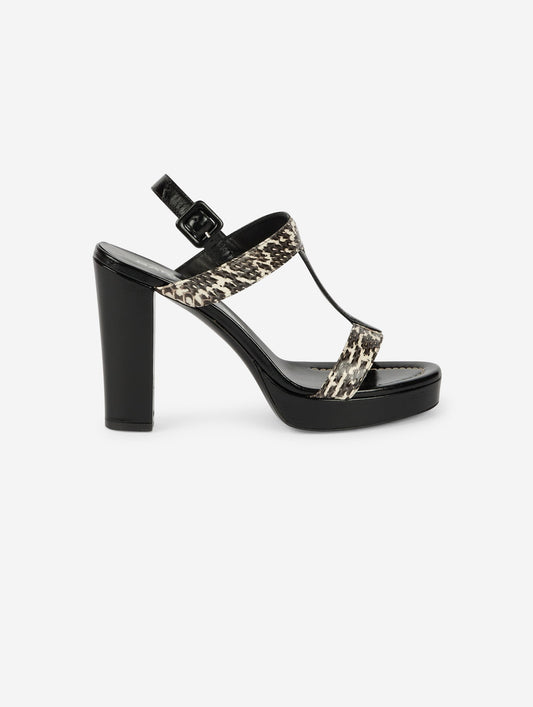 Black and ivory reptile and black leather platform sandals