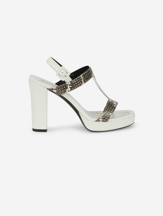 Black and ivory reptile and white leather platform sandals
