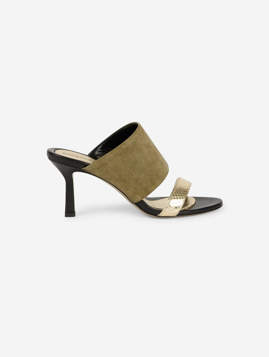 Gold leather and linden green suede heeled mules