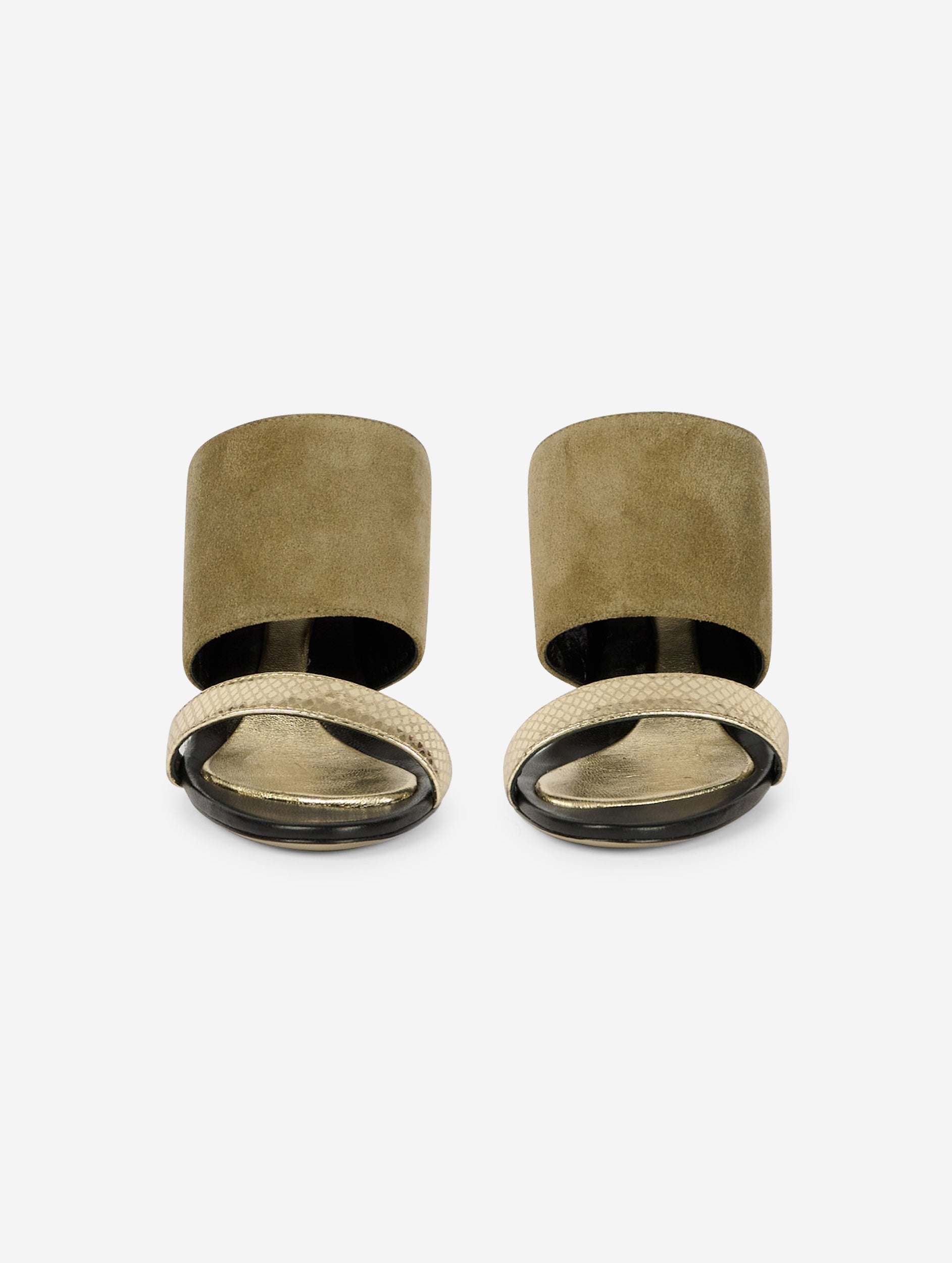Women Shoes | Gold leather and linden green suede heeled