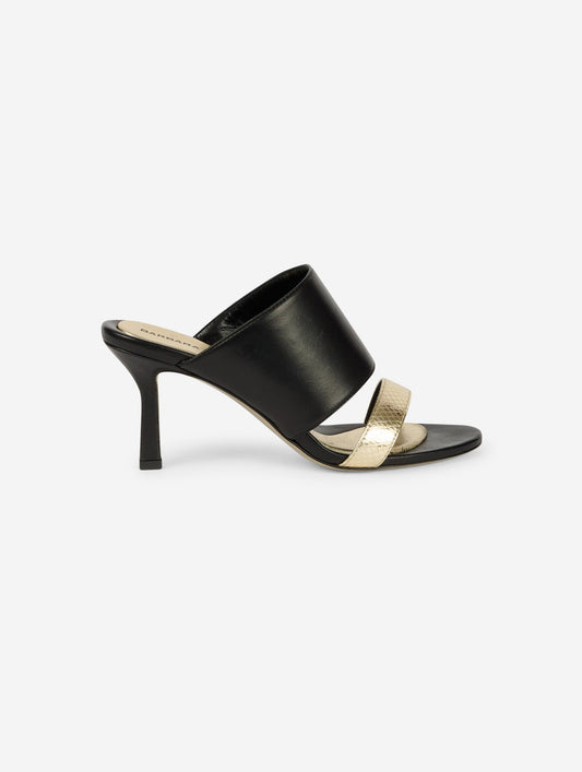 Black and gold leather heeled mules