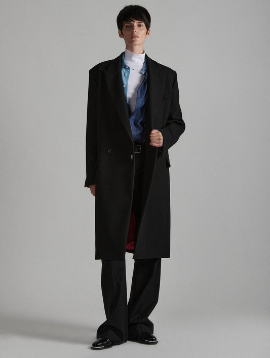 Black double gabardine overcoat