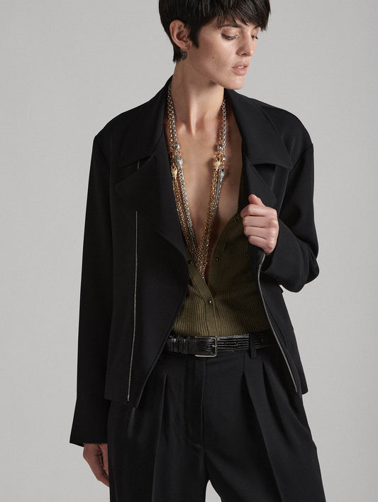 Black fluid crepe biker jacket