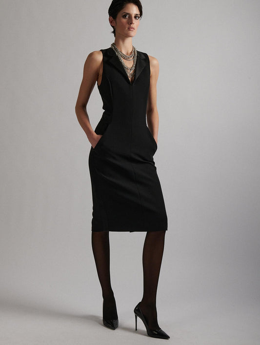 Sleeveless smoking dress in black crepe