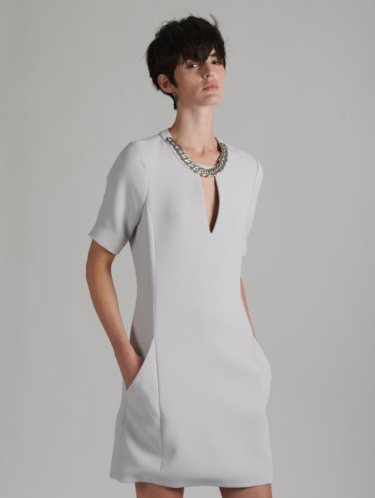 Pearl grey crepe dress with jewel neckline