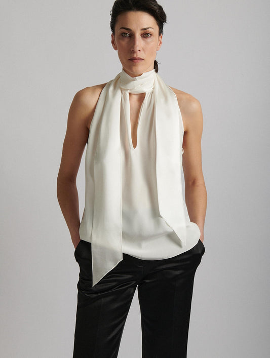 Sleeveless lavallière top in ivory silk crepe