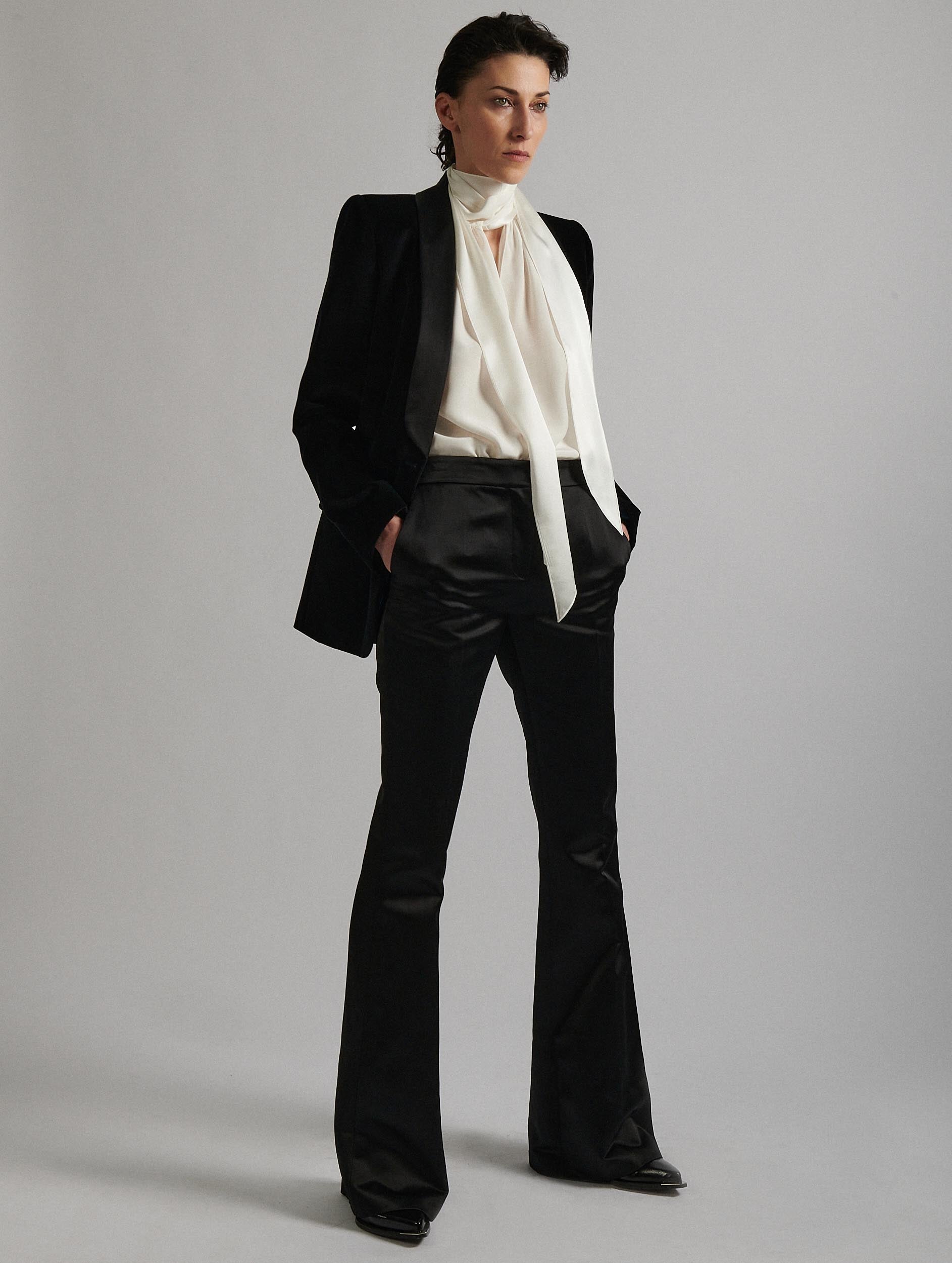 Women Ready-to-wear | Black satin smoking bootleg suit trousers | Barbara Bui Official Online Store Women Ready-to-wear | Black satin smoking bootleg suit trousers | Barbara Bui Official Online Store