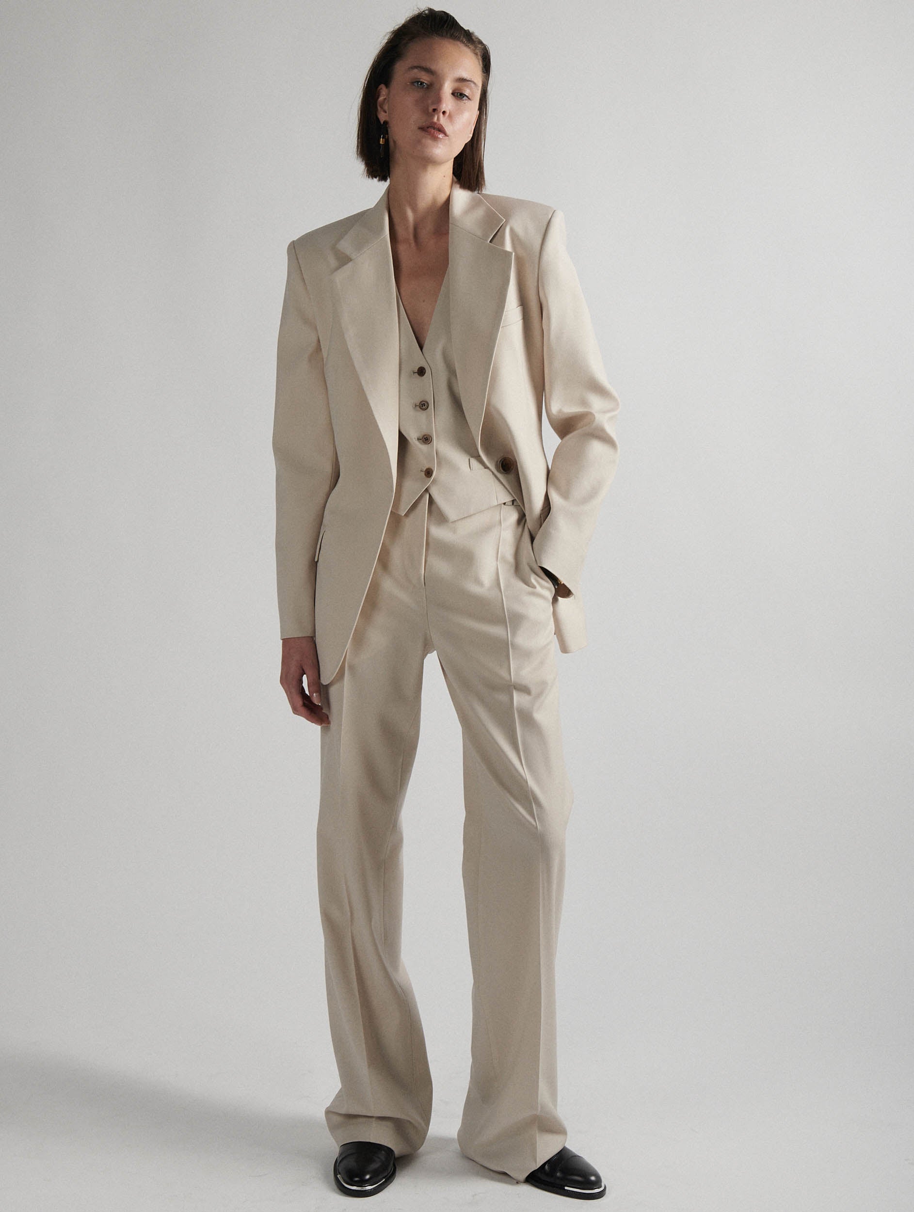 BISHOOL Wool Gabardine Cut Off Drape Pants navy - BISHOOL