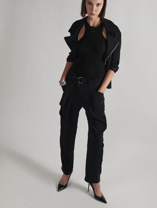 Belted battle trousers in black fluid crepe