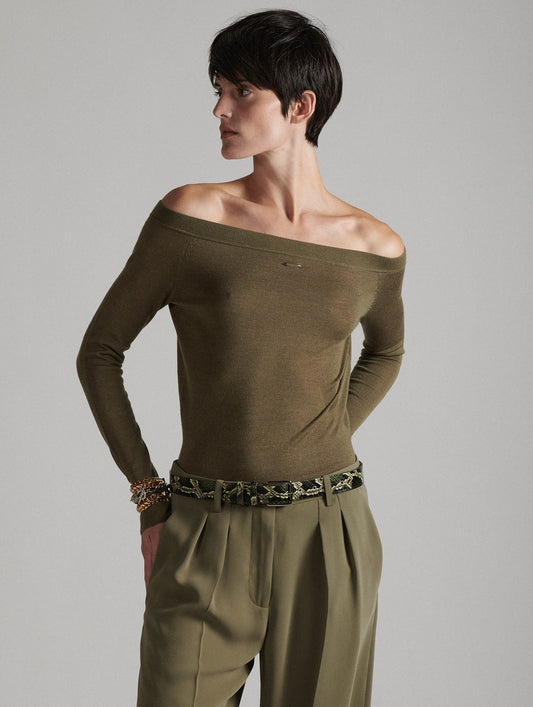 Boat-neck sweater in fine khaki knit