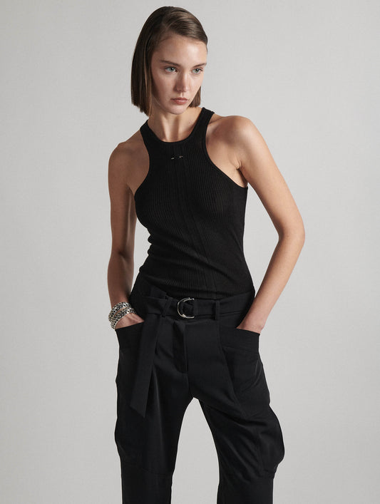 Low-cut tank top in black fine knit