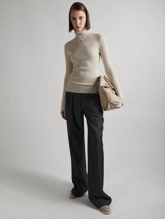 Sand merino knit turtleneck sweater