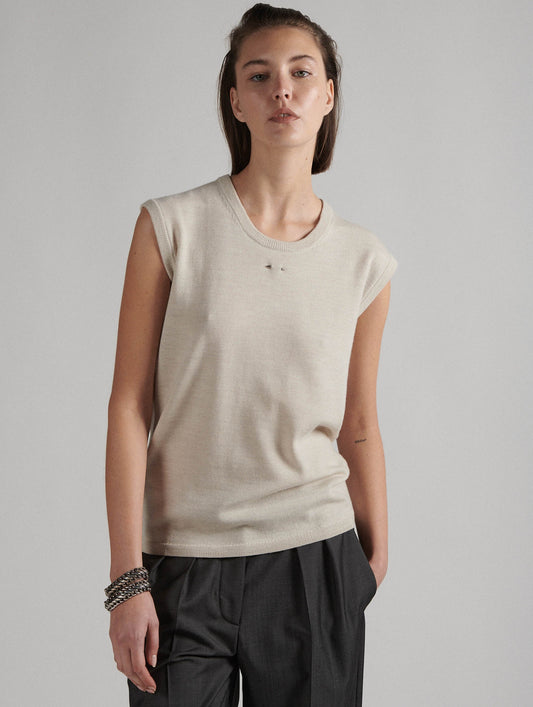 Sand sleeveless merino knit crew neck sweater