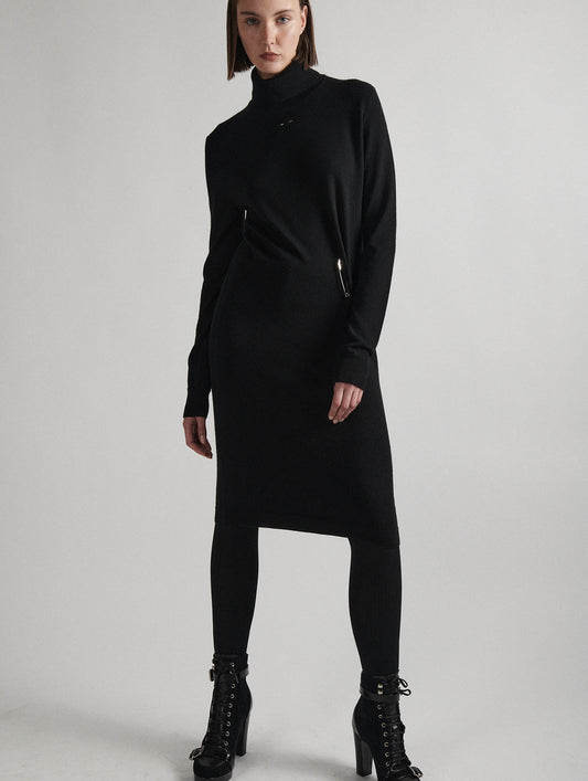 Black merino knit turtleneck dress