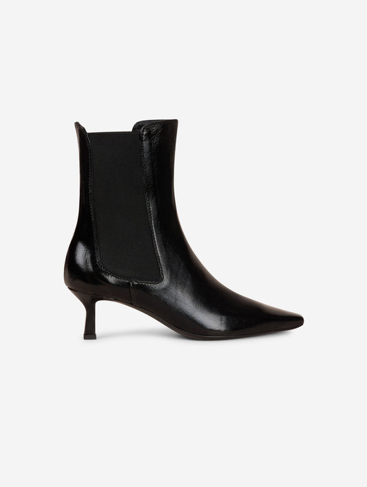 Elasticated black patent leather ankle boots