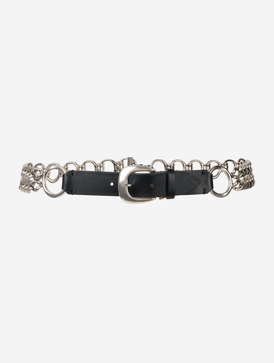 Metallic silver chain and leather belt