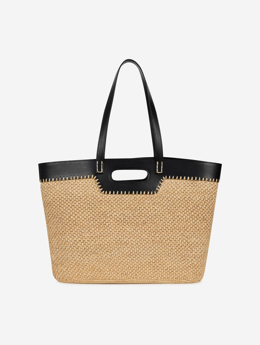 Shopping bag in natural raffia and black leather