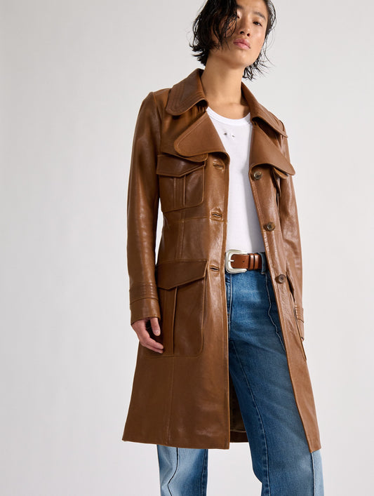 Camel plongé leather trench coat