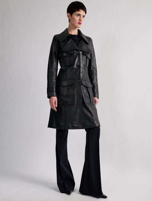 Navy plongé leather trench coat