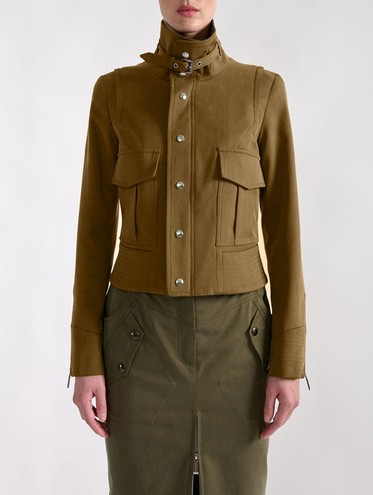 Camel stretch gabardine high-collar jacket