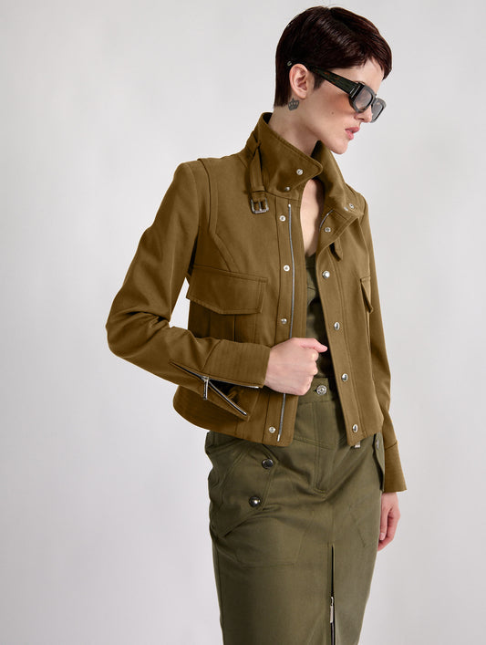 Camel stretch gabardine high-collar jacket